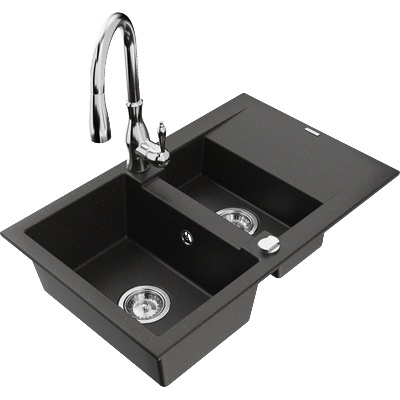 Mexen Gaspar мивка от гранит 1, 5-камерна с отцедник и кухненски смесител Savita, черно/златно - 6507-75-672601-00 (6507-75-672601-00)