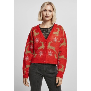 Urban Classics Dámsky sveter s vianočným motívom Short Oversized Christmas Cardigan Red Gold