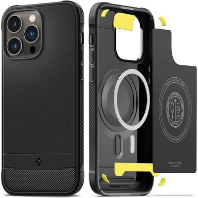 Spigen Rugged Armor MagSafe Case - удароустойчив силиконов (TPU) калъф с MagSafe за iPhone 15 Pro Max (черен)