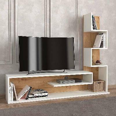 TopMebel Метехан меламинов ТВ шкаф в бял - сапфирен дъб цвят 149, 5x29x120см