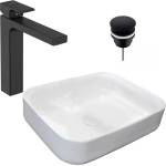 Rea Пакет умивалник за плот Rea Demi Slim бяло 51 см, смесител Hansgrohe Vernis Shape 190 черно и вентил Click-Clack черно (5902557327355+71591670+E0101020102-3)
