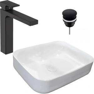 Rea Пакет умивалник за плот Rea Demi Slim бяло 51 см, смесител Hansgrohe Vernis Shape 190 черно и вентил Click-Clack черно (5902557327355+71591670+E0101020102-3)