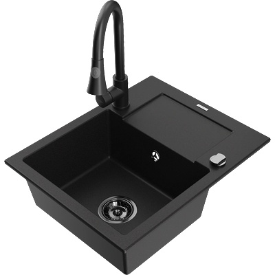 Mexen Enzo гранитна мивка с 1 отделение и отцедник и кухненски смесител Elia, черен - 6506-77-670101-70-B (6506-77-670101-70-B)