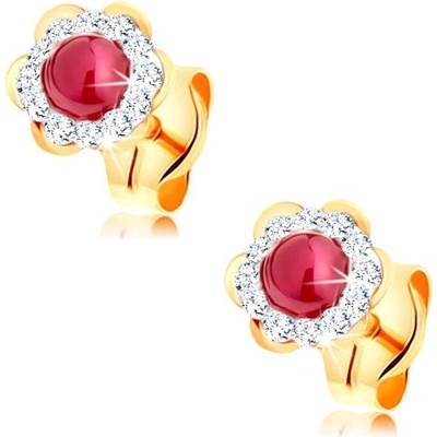 Šperky eshop zlaté náušnice 585 blýskavý kvítek s kulatým rubínem uprostřed GG145.11