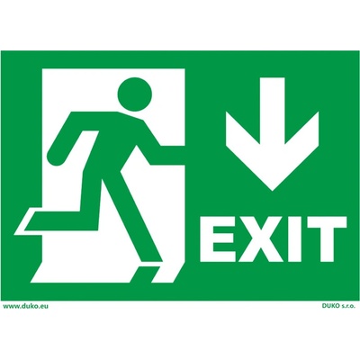 DUKO EXIT se směrovou šipkou - podle ISO 7010 Formát: 210 x 150 mm, Materiál: plast 0,5 mm, samolepící vinylová fólie