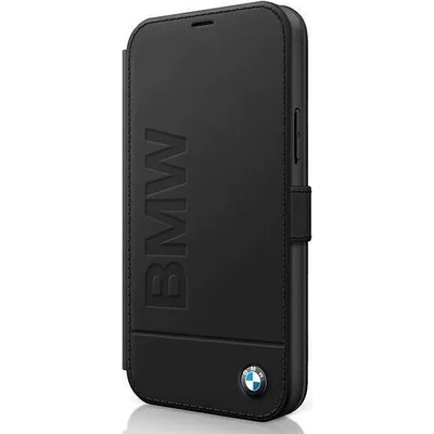 BMW Signature Logo Booktype Leather Case - дизайнерски кожен калъф (естествена кожа), тип портфейл за iPhone 12, iPhone 12 Pro (черен)
