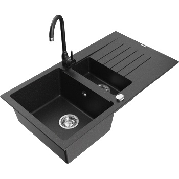 Mexen Matias гранитна мивка с 1, 5 камери с отцедник и кухненски смесител Telma, черен/сребърен - 6502-73-670200-70 (6502-73-670200-70)