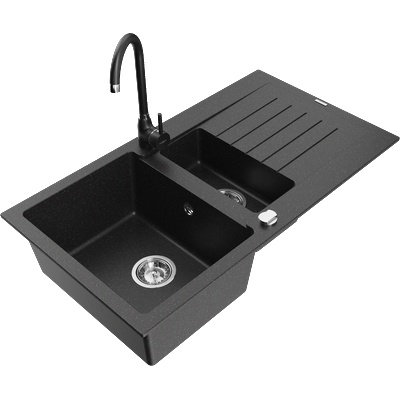 Mexen Matias гранитна мивка с 1, 5 камери с отцедник и кухненски смесител Telma, черен/сребърен - 6502-73-670200-70 (6502-73-670200-70)