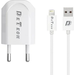  USB зарядно DeTech DE-11i + Lightning кабел, Бял (DeTech DE-11i)
