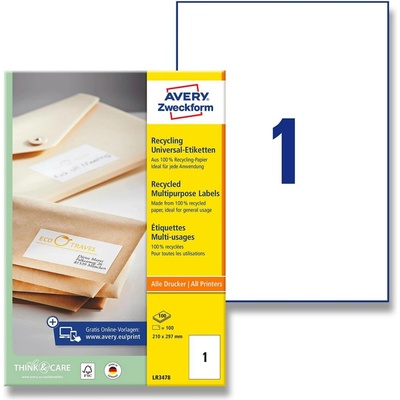 Avery Zweckform LR3478 univerzální etikety 210,0 x 297,0 mm 100 etiket recyklované bílé
