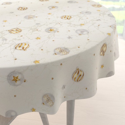 Biante vianočný okrúhly obrus Parma PM-138 Strieborno-zlaté vianočné banky na strieborno-krémovom Ø 110 cm