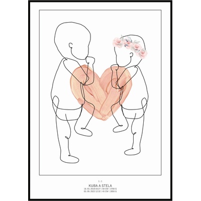 Jen tak z lásky Plakát Miminko v životní velikosti 50 x 70 cm Barva pozadí: Bílá, Varianta: Jedním tahem - minimal se srdíčkem - sourozenci