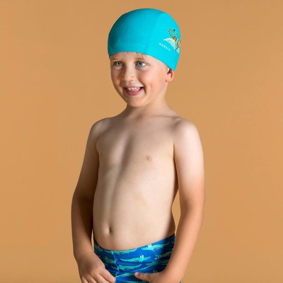 Nabaiji Detská plavecká čiapka látková modrá s potlačou tyrkysová