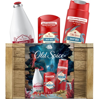 Old Spice Deep Sea darčekový set deostick 50 ml + sprchový gél 3v1 250 ml + voda po holení 100 ml + drevená truhlička