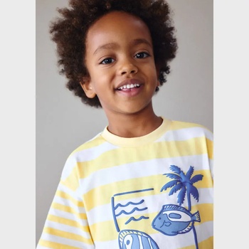 MAYORAL Тениска къс ръкав райе бяло и жълто с рибки за мини момче Mayoral