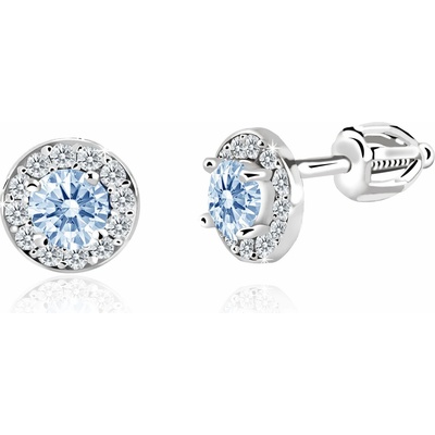 Duppi dievčenské náušnice okrúhle DU 32039 z bieleho zlata s kamienkami uprostred svetlo modrými okolo bielymi zapínánie balónik