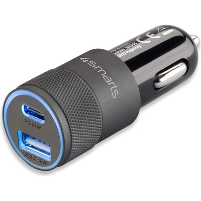 4smarts Fast Car Charger Rapid+ with Quick Charge 3.0 and Power Delivery - бързо зарядно за кола с USB и USB-C изход (тъмносив)