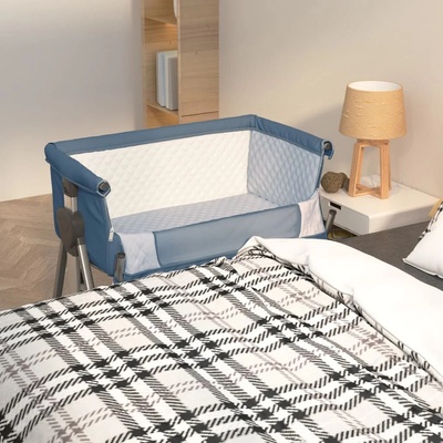 vidaXL Бебешко легло с матрак, нейви синьо, ленен плат (10292)