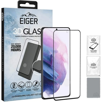 Eiger 3D Full Screen Edge to Edge Tempered Glass - калено стъклено защитно покритие с извити ръбове за целия дисплея на Samsung Galaxy S21 Ultra (черен-прозрачен)