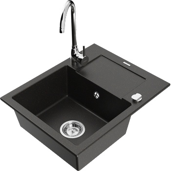 Mexen Enzo гранитна мивка с 1 корито и отцедник и кухненски смесител Telma, черно/златно - 6506-75-670200-00 (6506-75-670200-00)