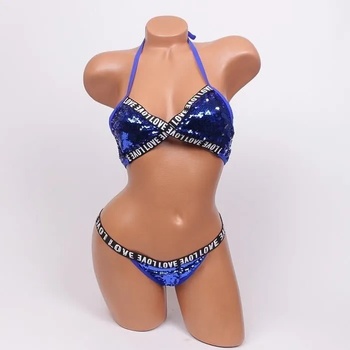 Image 1 of Ефектен бански с надпис и пайети в синьо и сиво - чашка b