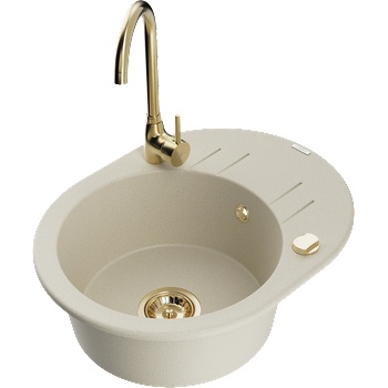 Mexen Kevin гранитна мивка с 1 камера с отцежник и кухненски смесител Telma, бежов - 6517-69-670200-50 (6517-69-670200-50)