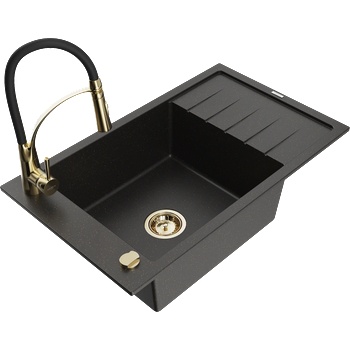 Mexen Elias гранитна мивка с 1 отделение, с отцедник и кухненски смесител Aster, черен/металик злато - 6511-75-73450-57-G (6511-75-73450-57-G)