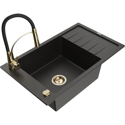 Mexen Elias гранитна мивка с 1 отделение, с отцедник и кухненски смесител Aster, черен/металик злато - 6511-75-73450-57-G (6511-75-73450-57-G)
