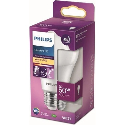 Philips 8718699782733 LED žárovka 1x8W E27 806lm 2700K teplá bílá, se senzorem, matná bílá, Eyecomfort