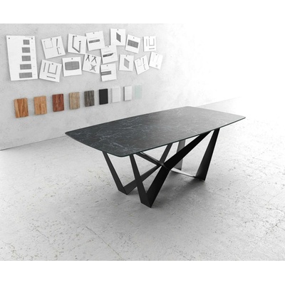 DELIFE Jídelní stůl Edge zaoblená 200x100cm Laminam® Keramika šedá podnož ve tvaru "V" černá