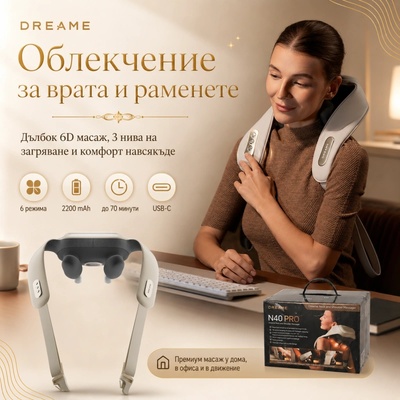 Dreame Масажор за врат Dreame N40 PRO, 6D масаж, 3 температурни нива, 4 режима на интензивност, Батерия 2200 mAh, Гласовo управление, Бял (N40PRO)