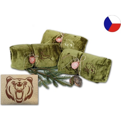Sleep-well Deka mikroflanel KHAKI výšivka PRO MYSLIVCE MEDVĚD 150x200