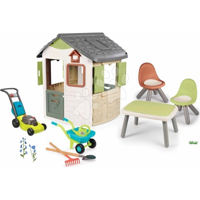 Smoby Set domček so záhradným posedením Life Jura Lodge rozšíriteľný s kŕmidlom a kosačka s fúrikom