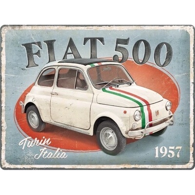 Plechová ceduľa Fiat 500 - Turin Italia, 40 x 30 cm