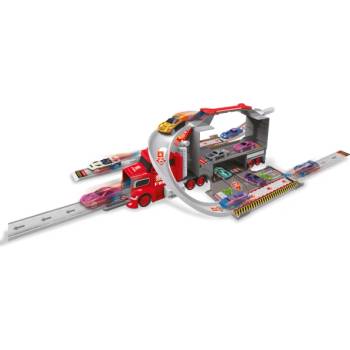 Пожарна кола с 4 автомобила и пътни знаци