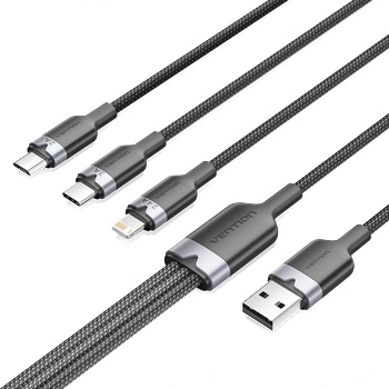 Vention USB-A 2.0/M - USB-C/Lightning/Micro USB-B, 1.5m, (black, 3A, 3in1), кабел