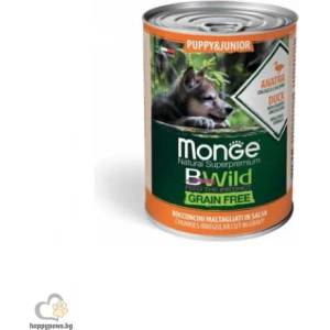 Gemon Monge Dog Bwild Grain Free Puppy - Пълноценна и балансирана мокра храна за подрастващи кученца, без зърно, с патешко месо, тиква и зеленчуци, 400 гр