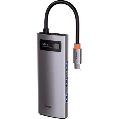 Baseus USB-C Metal Gleam Series 5-in-1 Hub (CAHUB-CX0G) - мултифункционален хъб за свързване на допълнителна периферия за устройства с USB-C (тъмносив)