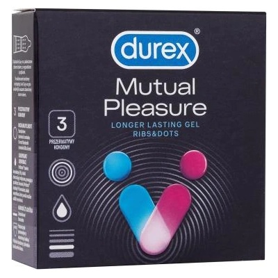 Durex Mutual Pleasure 3 бр оребрени презервативи със стимулиращи релефни точки и лубрикант performa за забавяне на еякулацията