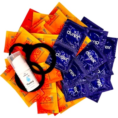 Sada znecitlivujících kondomů Delay pack 72 ks + SE tlumivý lubrikační gel 15 ml + erekční kroužek