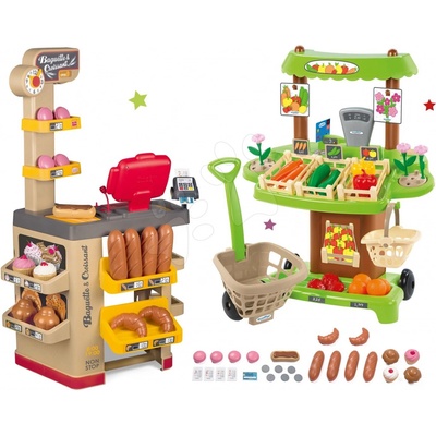 Smoby Set pekáreň s koláčmi Baguette&Croissant Bakery s elektronickou pokladňou a zeleninový Bio stánok s vozíkom Organic 100% Chef