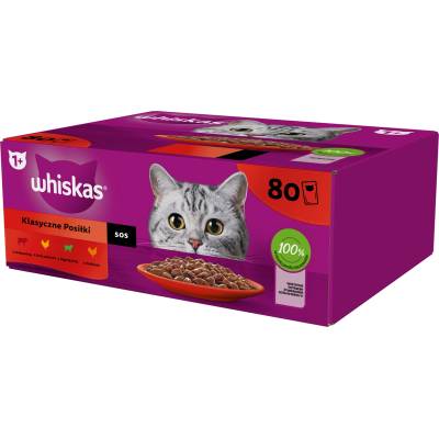Whiskas Adult пакетчета 80 x 85 g Classic Meals - мокра храна за възрастни котки, в сос (парчета с: говеждо, пилешко, агнешко, птиче месо)