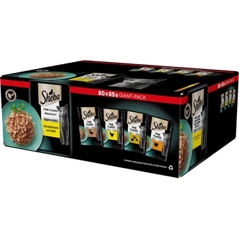 Sheba Delicacy Fine Flakes Poultry Flavours пакетчета 80x85g - пълноценна влажна храна за възрастни котки, в желе (парчета с: патица, пиле, домашни птици, пуйка)