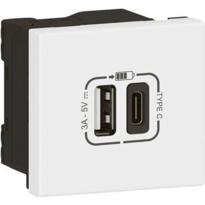 Legrand Розетка 2хUSB за зареждане тип A+C 3A 15W 2 мод. цвят Бял Mosaic /до изчерпване/ - 077570L (077570L)