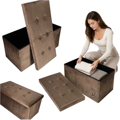 KIK Skládací velurový taburet s úložným prostorem pod sedákem 76 x 38 x 38 cm, hnědý KX2716_1