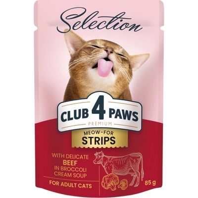 CLUB 4 PAWS Premium Plus prúžky s hovädzím mäsom v brokolicovej polievke 85 g