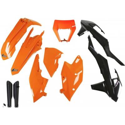 UFO kompletní sada plastů (FULL KIT) s kryty přední vidlice KTM EXC/EXC-F TPI 17-19 s krytem světla barva OEM (oranžová/černá) (KT523E999)