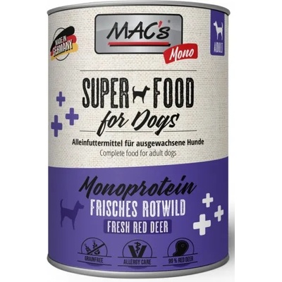 MAC's Mac’s Dog Monoprotein Adult, консерва за пораснали кучета с чувствителни стомаси, БЕЗ ЗЪРНО, с елен и дивеч (мин. 70% месо), 800 гр - Германия - 981VE