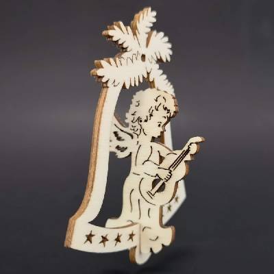 AMADEA Dřevěná ozdoba 3D zvonek anděl s kytarou 9 cm