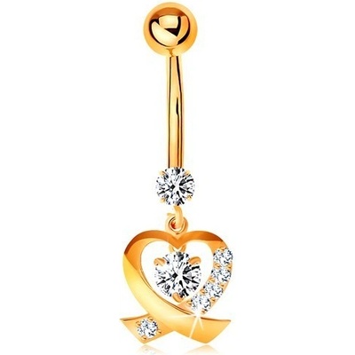 Šperky eshop zlatý piercing do pupíku blýskavá kontura srdíčka kulaté čiré zirkony GG185.33